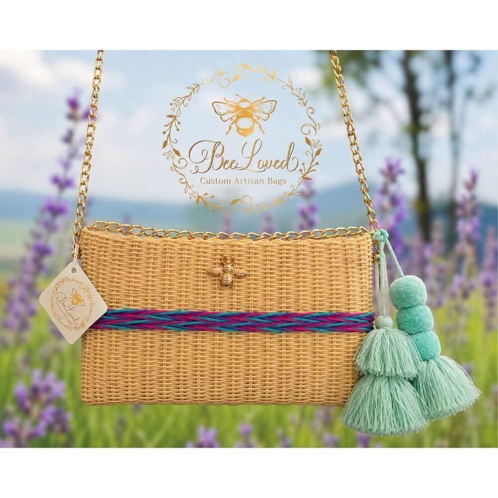 NWT BeeLoved Artisan Wicker Coastal Clutch Crossbody Bag w/ Tassel Charm - Picture 8 of 8